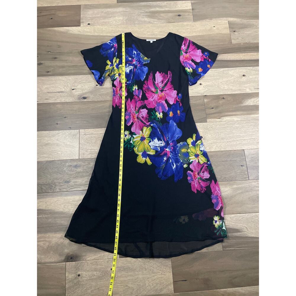Serengeti Size L Maxi Dress Black Multicolor Floral Chiffon Lined Short Sleeves - Picture 4 of 7